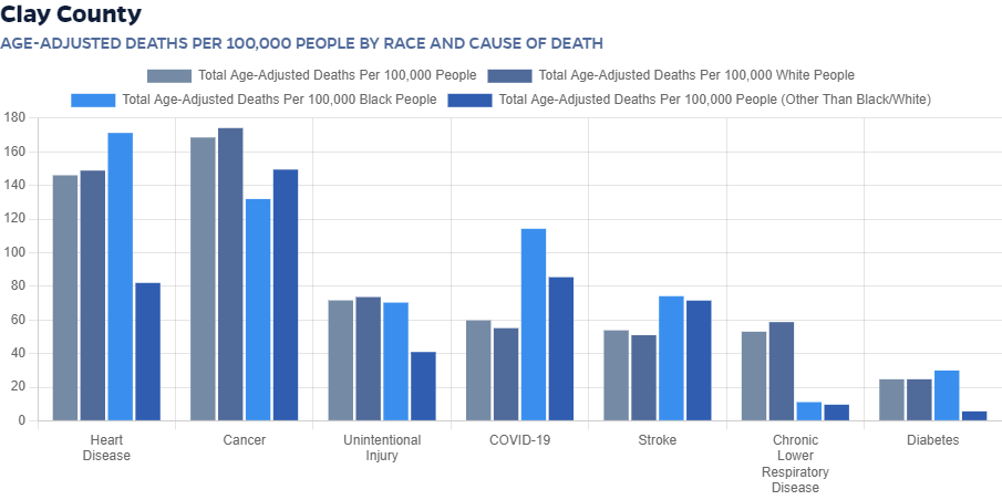 Chart: Age-adjusted deaths per 100,000 people by race and cause of death for Clay county