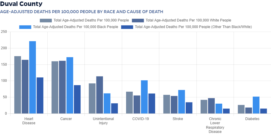 Chart: Age-adjusted deaths per 100,000 people by race and cause of death for Duval St. Johns county