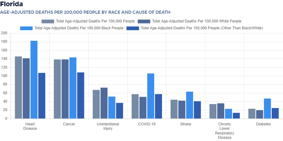 Chart: Age-adjusted deaths per 100,000 people by race and cause of death for the state of Florida