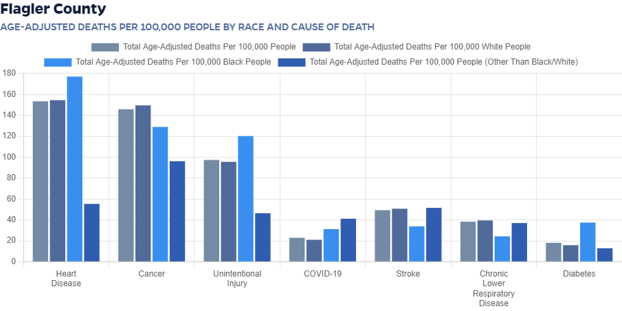 Chart: Age-adjusted deaths per 100,000 people by race and cause of death for Flagler county