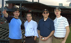 Image: Several members of the Comprehensive Stroke team attended Strike Out Stroke Night at a recent Jacksonville Suns baseball game. Shown from left to right are neurointensivist Stuart Glassner, DO, neurologist Scott Silliman, MD, cerebrovascular surgeon Lincoln Jimenez, MD, and neurointensivist Christopher Hopkins, MD.