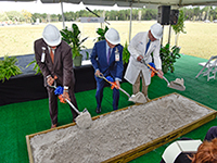 Image: From left, UF Health North Administrator Wayne Marshall, UF Health Jacksonville CEO Russ Armistead and Daniel R. Wilson, MD, PhD, dean of the University of Florida College of Medicine – Jacksonville, shovel ceremonial dirt Monday, Nov. 16, during the groundbreaking ceremony for the new hospital at UF Health North.