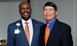 Image: Thomas Chiu, MD, MBA, at right, a professor and former chair of pediatrics, was recently recognized for his 40 years of service at the University of Florida College of Medicine – Jacksonville. He’s pictured during the ceremony with Leon L. Haley, MD, MHSA, FACEP, CPE, dean of the college.