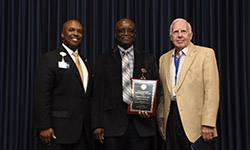 Image: Leighton James, MD, a professor of medicine in the division of nephrology and hypertension, won this year’s Robert C. Nuss Researcher/Scholar Award! James. He’s pictured with UF COMJ Dean Leon Haley Jr., MD, left, and former Dean Robert Nuss, MD, after whom the award is named.