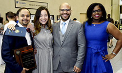 Image: Shashank Shettar, MD, at left, received one of several awards announced during Celebration of Education. Afterward, he and other graduates enjoyed the reception in the LRC atrium.