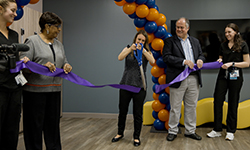 Image: On April 27, the purple ribbon to the Leon L. Haley Jr., MD, Medical Student Lounge was cut.